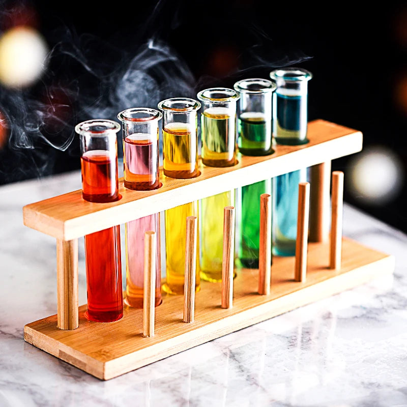 Glass Tube Shot Glasses with Wooden Rack