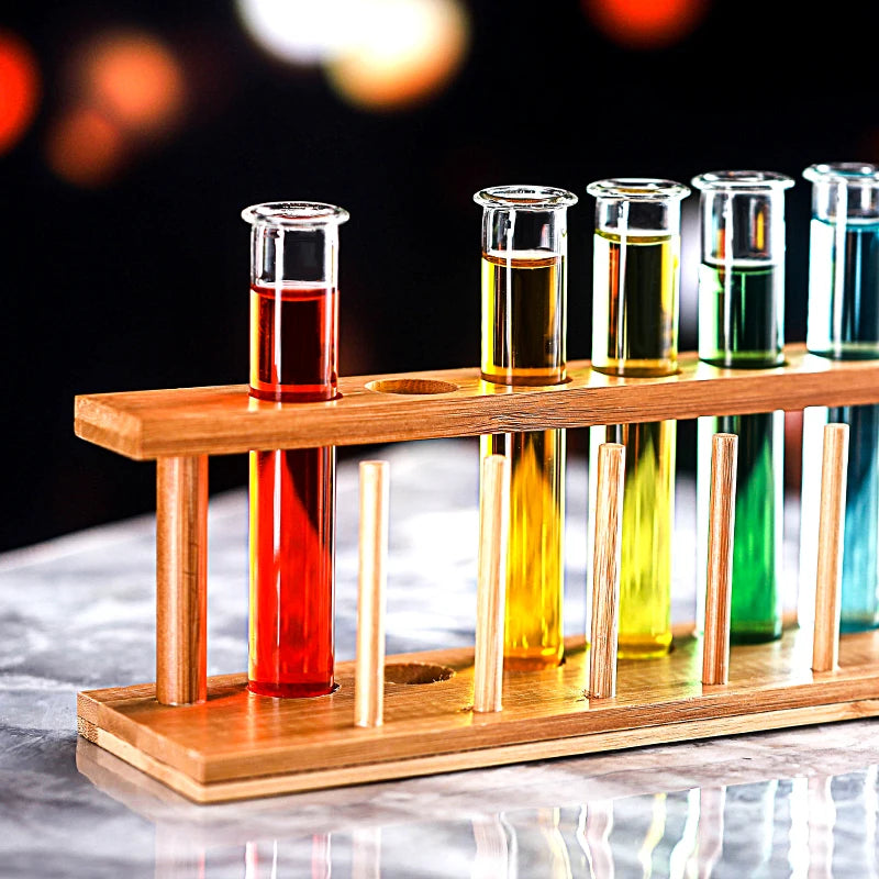 Glass Tube Shot Glasses with Wooden Rack