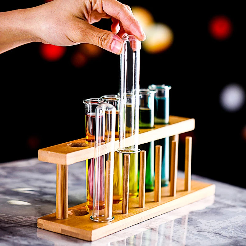 Glass Tube Shot Glasses with Wooden Rack