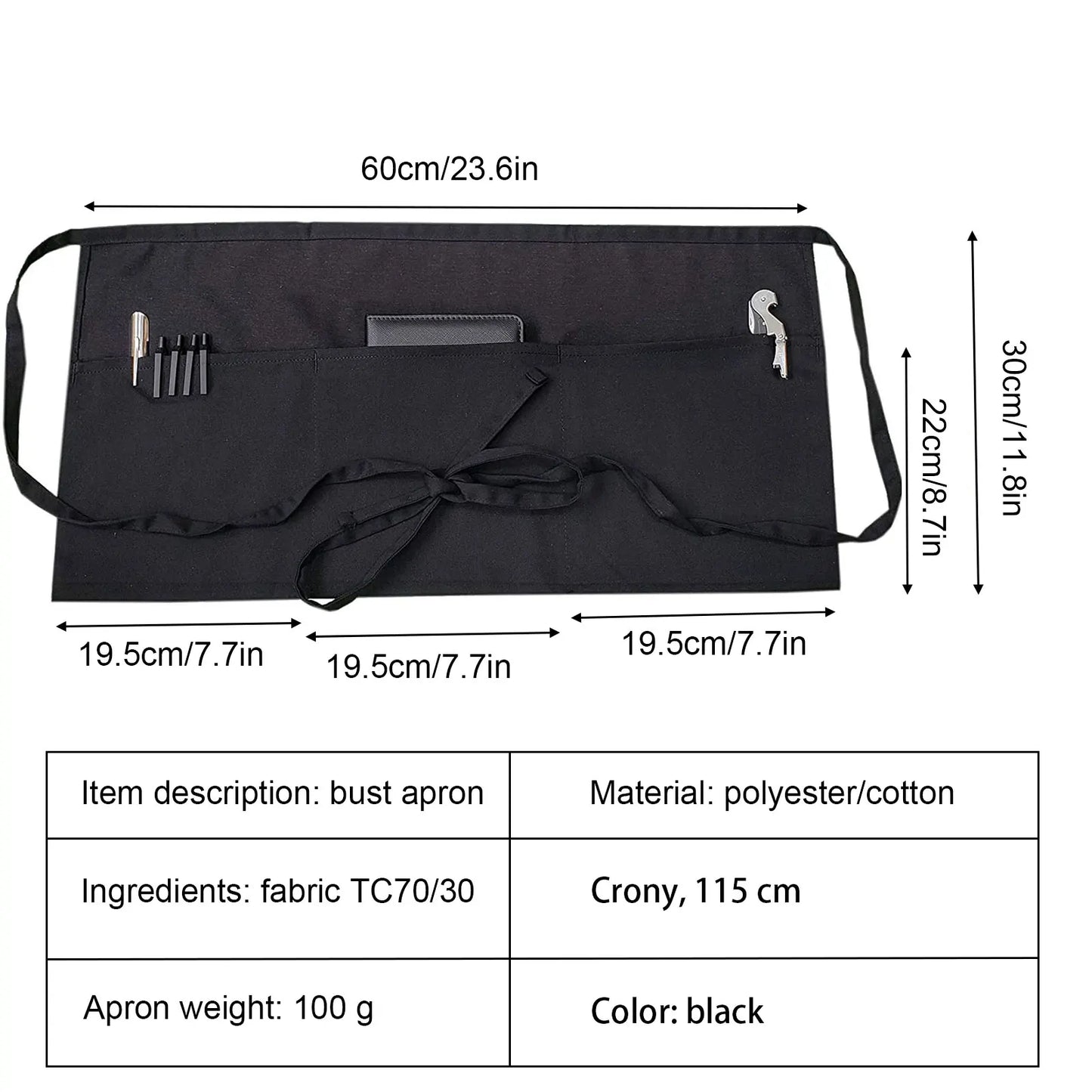 Bartender Black 3-Pocket Short Waist Apron