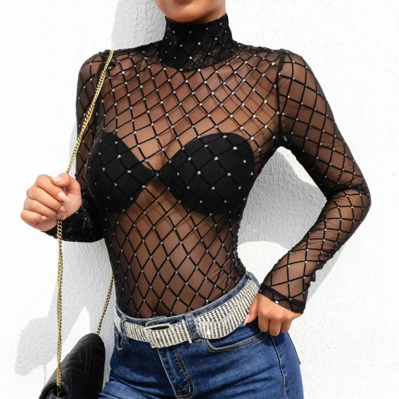 Bartender Crystal Fishnet Sexy Bodysuit Tops Women