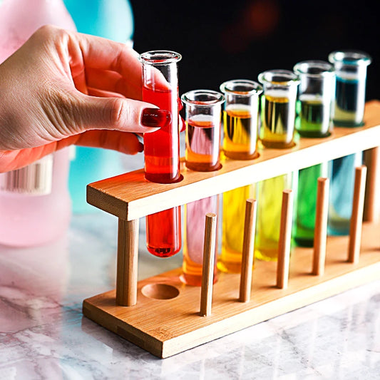 Glass Tube Shot Glasses with Wooden Rack