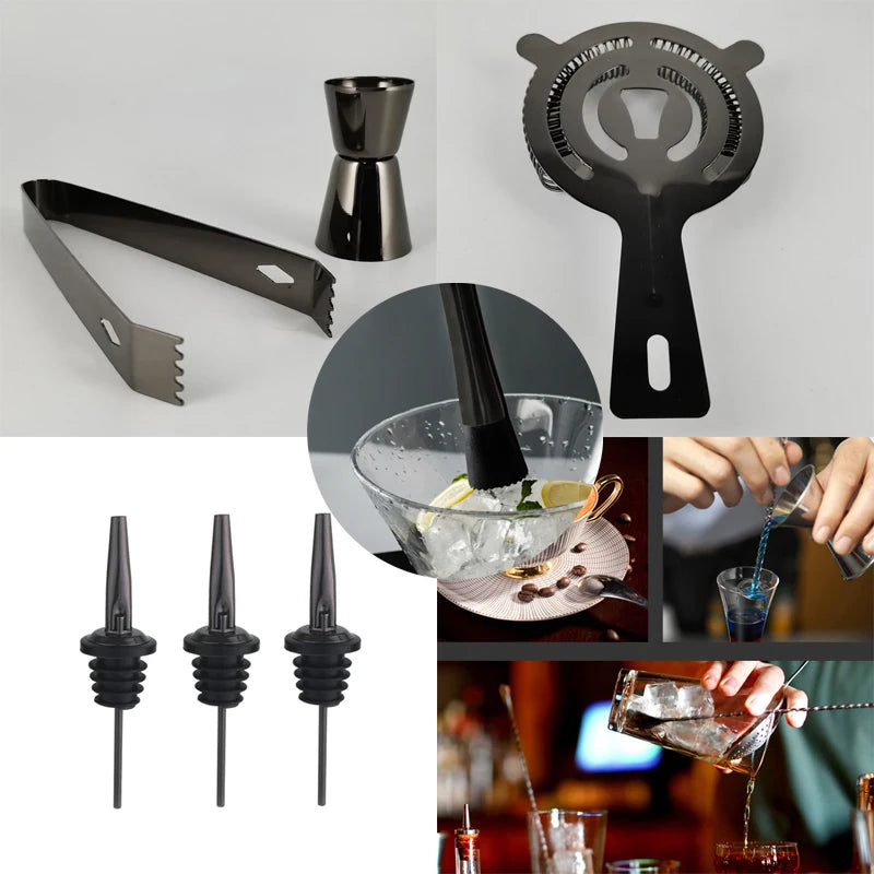 Cocktail Shaker Set 3-12 Black Rose Gold Bartender Tools With Rack