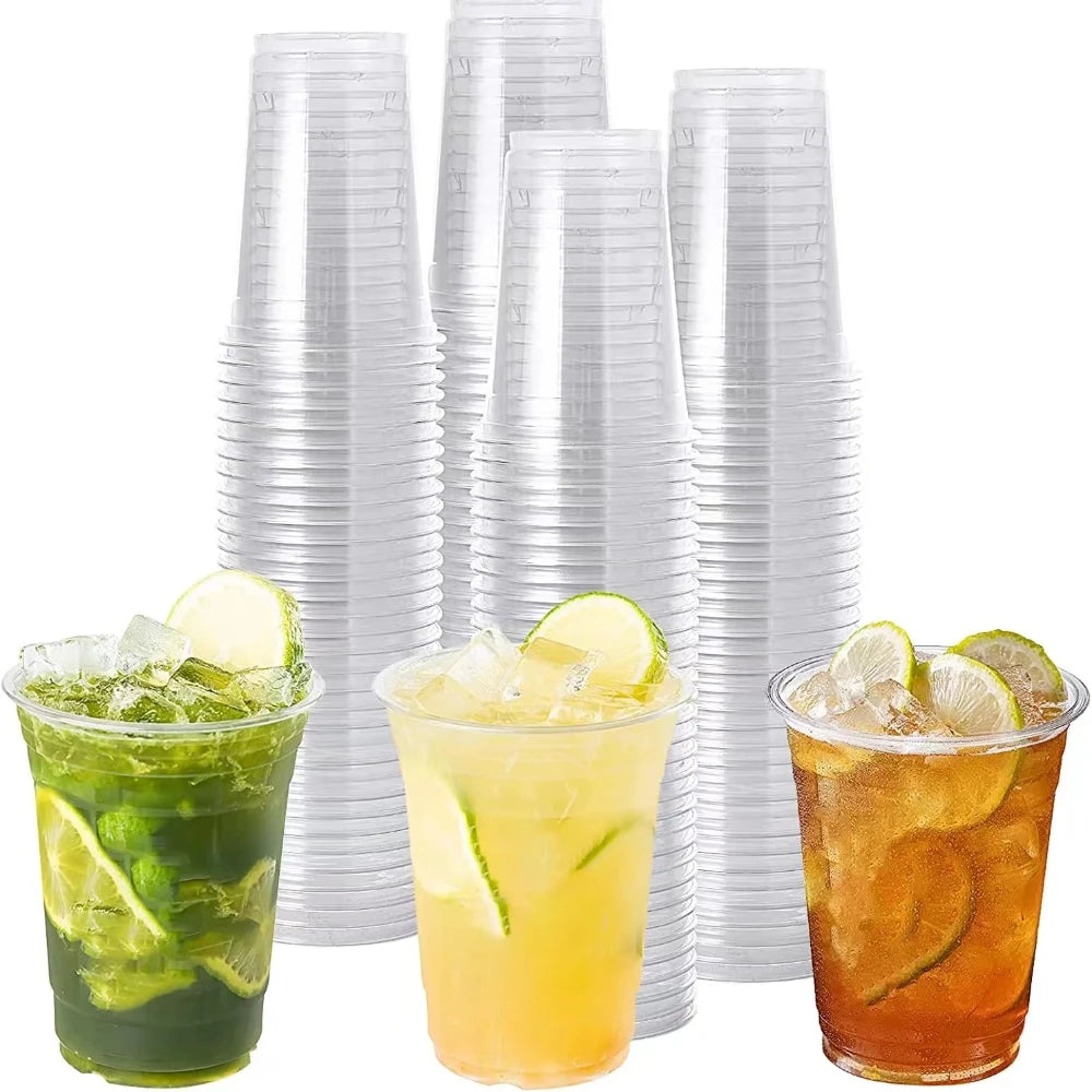 Bartenders 50PCS 16OZ Clear Plastic Cups Flat Lids Disposable Drinking Cups