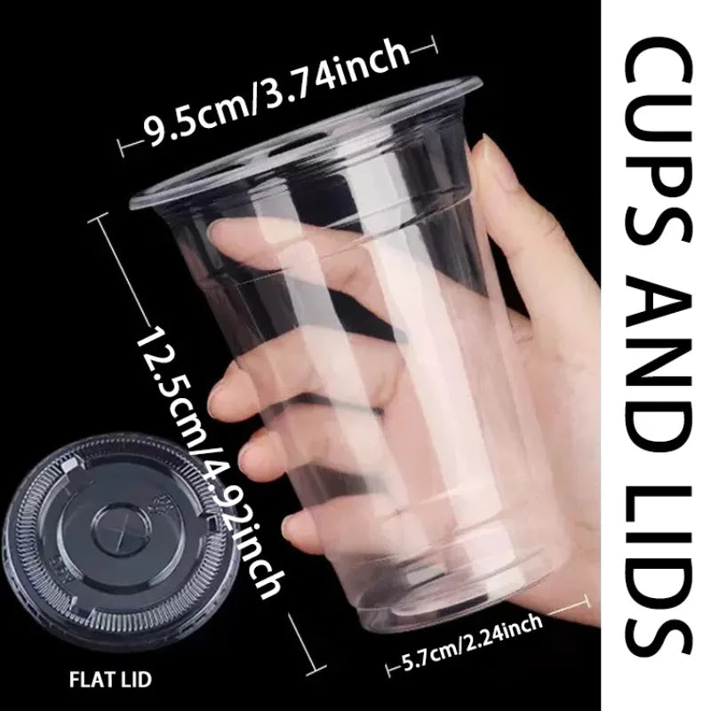 Bartenders 50PCS 16OZ Clear Plastic Cups Flat Lids Disposable Drinking Cups