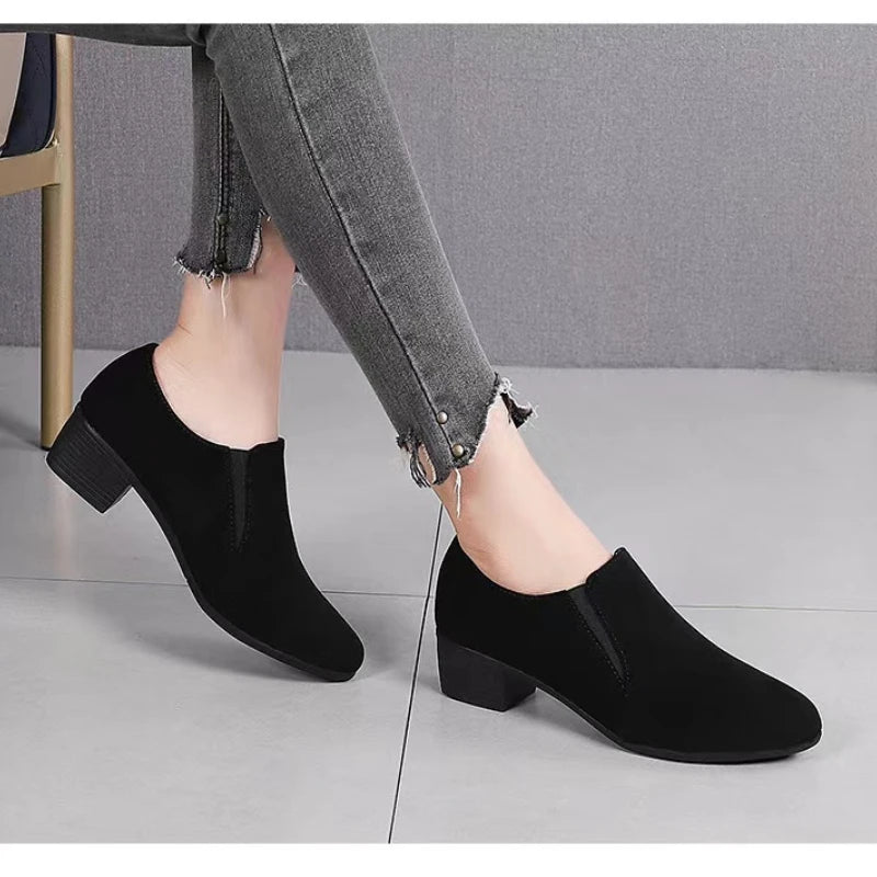 New Retro Black Square Heel Low Top Shoes for Women - Non-slip