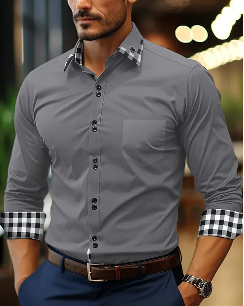 Men's shirt button-up shirt black white pink burgundy long sleeve plaid color block lapel patchwork clothing fashion casual 6XL