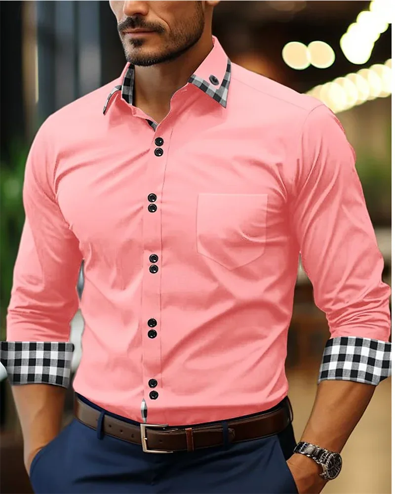 Men's shirt button-up shirt black white pink burgundy long sleeve plaid color block lapel patchwork clothing fashion casual 6XL