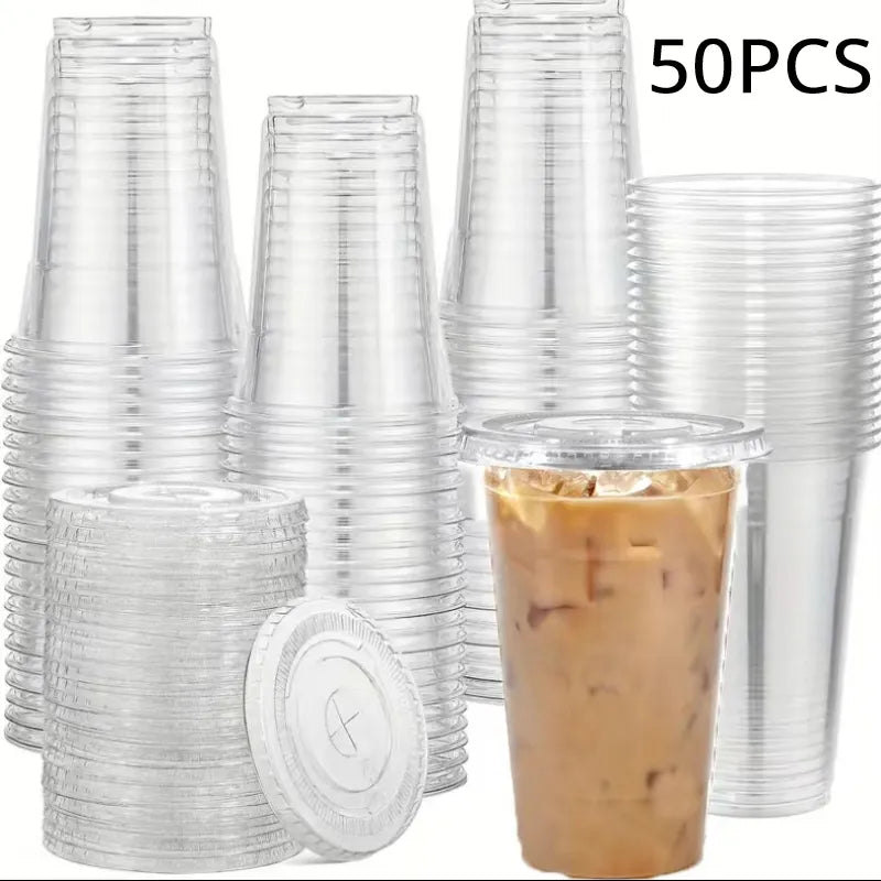 Bartenders 50PCS 16OZ Clear Plastic Cups Flat Lids Disposable Drinking Cups