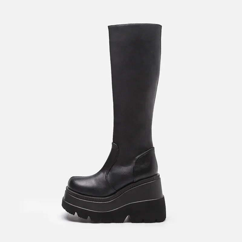 Bartender Black Gothic Wedge Mid-Tube Boots