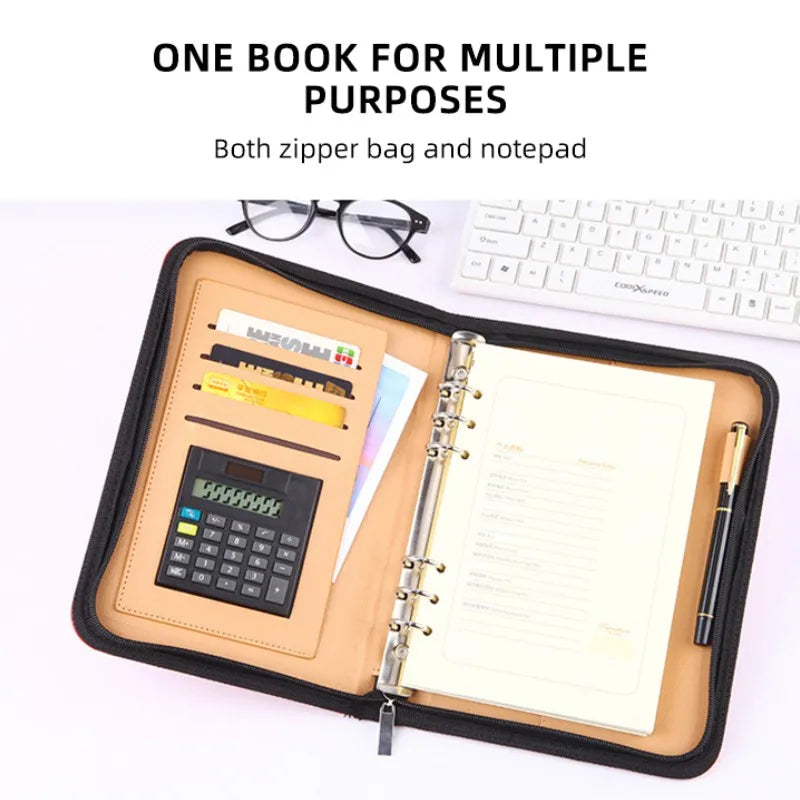 Leather  Folder  Cover Loose Leaf Zipper Notebook Binder With Calculator