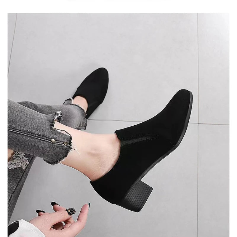 New Retro Black Square Heel Low Top Shoes for Women - Non-slip