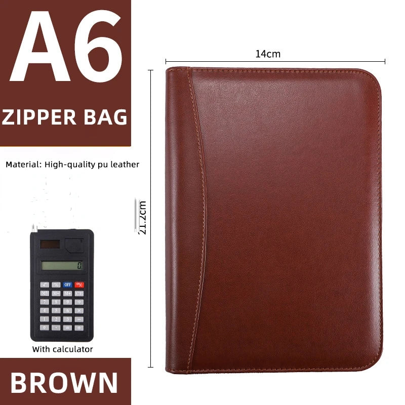 Leather  Folder  Cover Loose Leaf Zipper Notebook Binder With Calculator