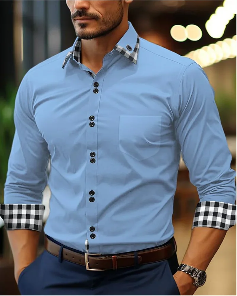 Men's shirt button-up shirt black white pink burgundy long sleeve plaid color block lapel patchwork clothing fashion casual 6XL