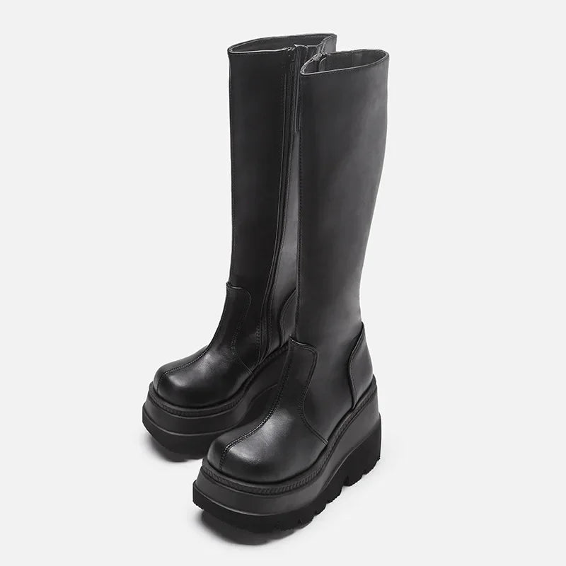 Bartender Black Gothic Wedge Mid-Tube Boots