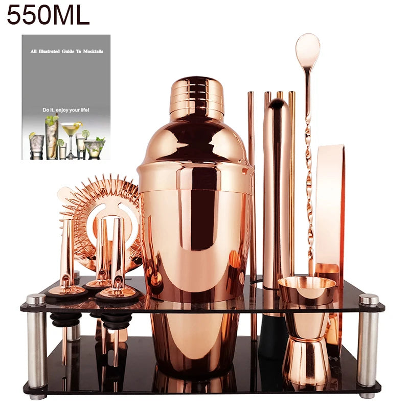 Cocktail Shaker Set 3-12 Black Rose Gold Bartender Tools With Rack