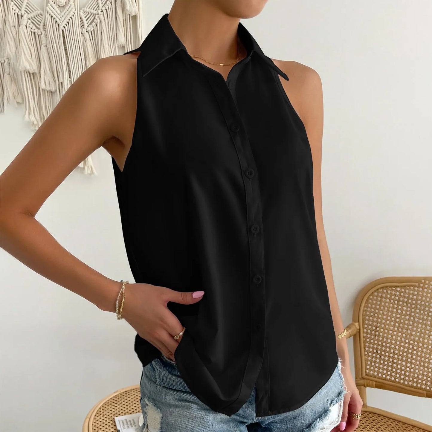 Women Sleeveless Halter Neck Bartender  Shirt