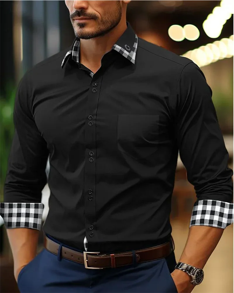 Men's shirt button-up shirt black white pink burgundy long sleeve plaid color block lapel patchwork clothing fashion casual 6XL