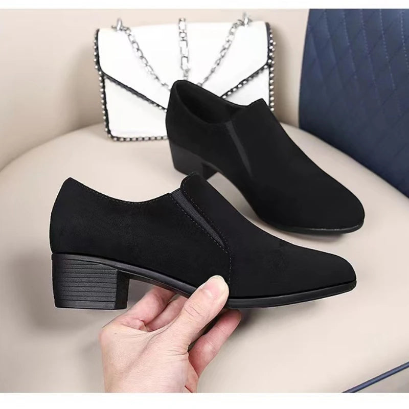 New Retro Black Square Heel Low Top Shoes for Women - Non-slip