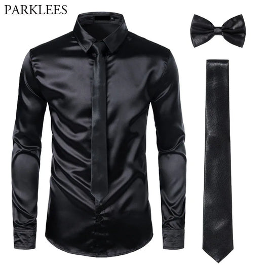 Black Mens Silk Dress Shirts 3Pcs(Shirt +Tie+Bowtie)