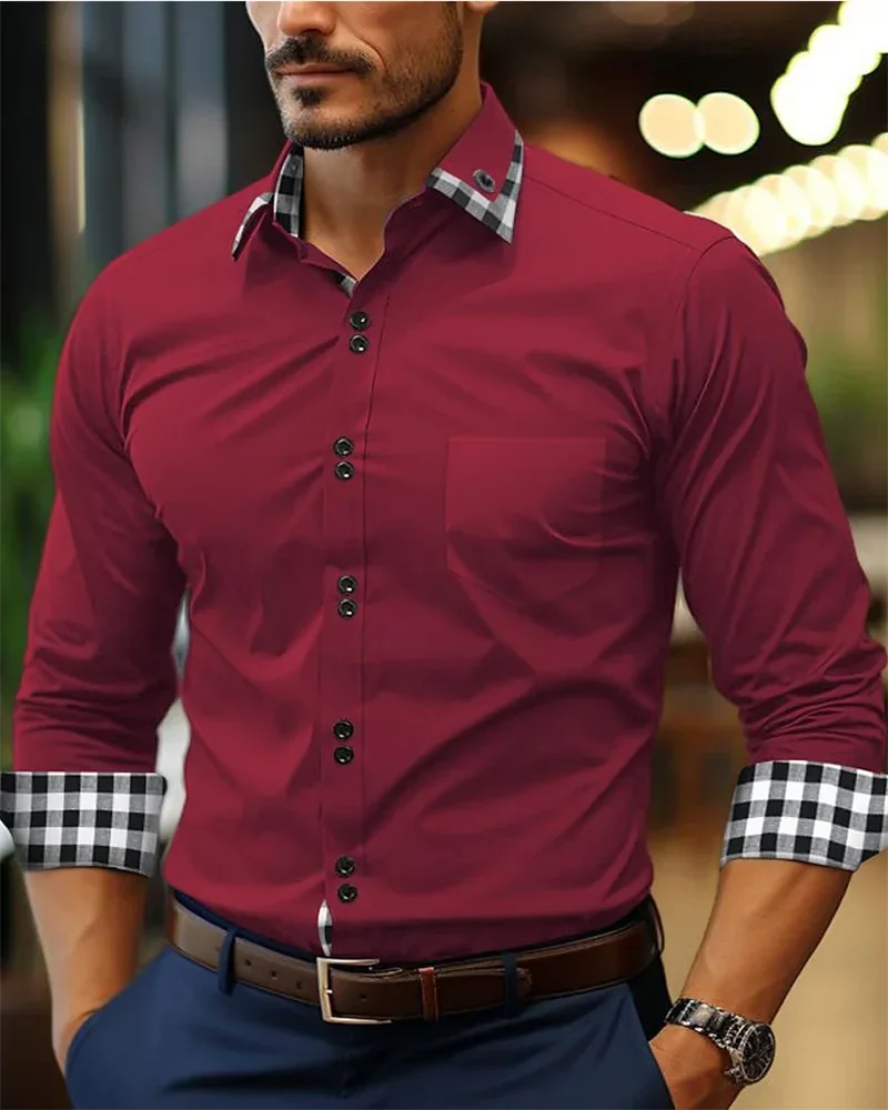 Men's shirt button-up shirt black white pink burgundy long sleeve plaid color block lapel patchwork clothing fashion casual 6XL