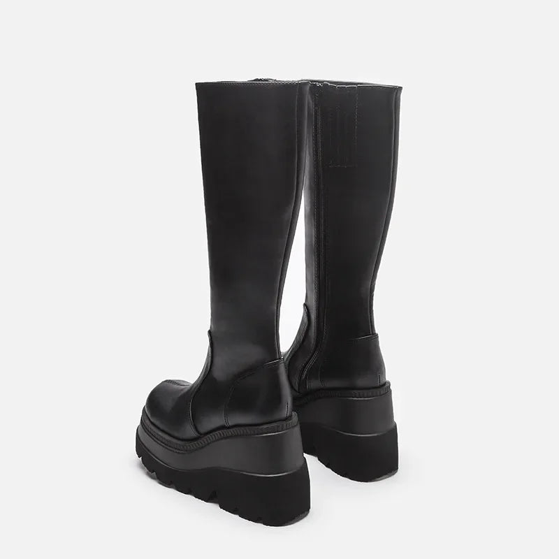 Bartender Black Gothic Wedge Mid-Tube Boots