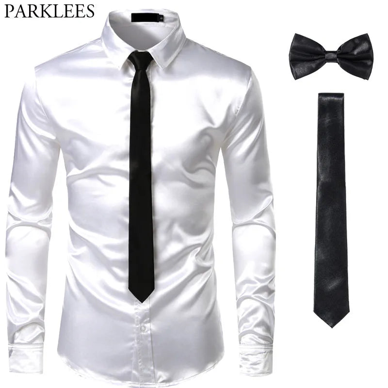 Black Mens Silk Dress Shirts 3Pcs(Shirt +Tie+Bowtie)