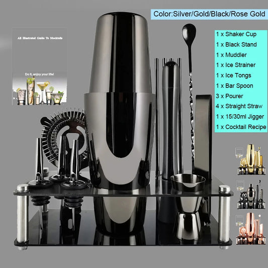 Cocktail Shaker Set 3-12 Black Rose Gold Bartender Tools With Rack