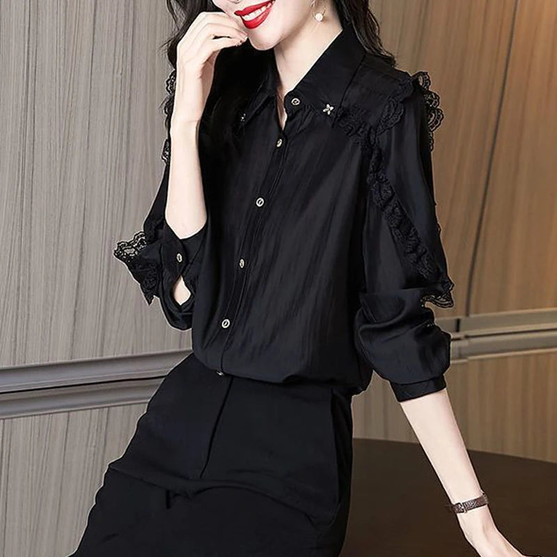 Women's Lace Patchwork Elegant Button Up Bartender Shirt