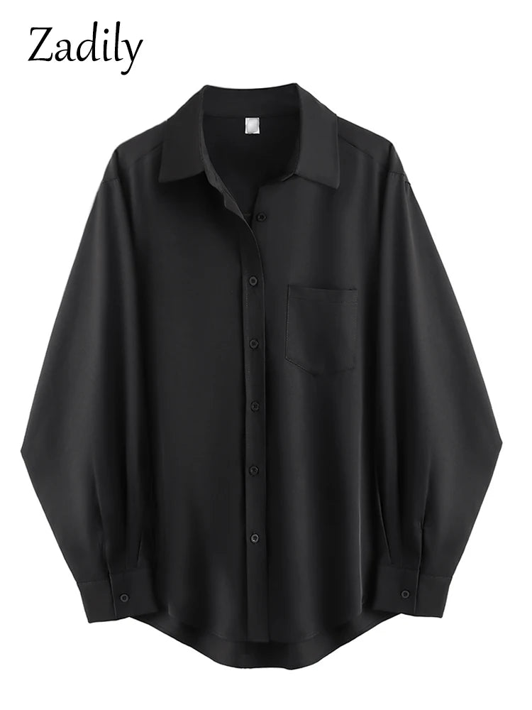 Women Loose  Black Shirt Button Up