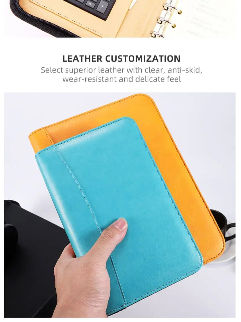 Leather  Folder  Cover Loose Leaf Zipper Notebook Binder With Calculator