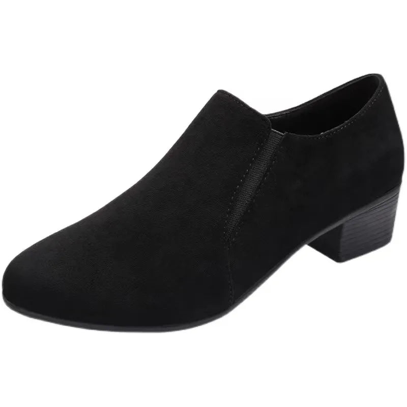 New Retro Black Square Heel Low Top Shoes for Women - Non-slip