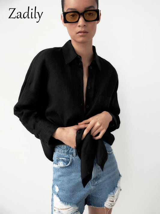 Women Loose  Black Shirt Button Up