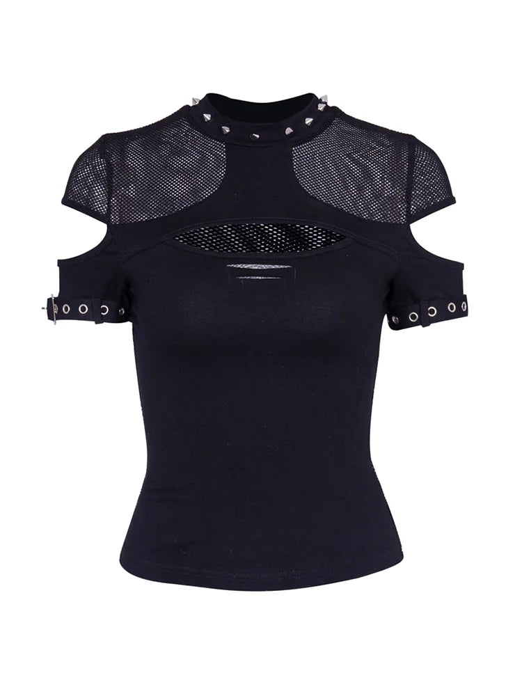 InsGoth Women T-shirts Gothic Punk Chix Black T-shirts Casual Slim Mesh Hole Rivet Sexy Short Sleeve Top Hip Hop Female Goth Top